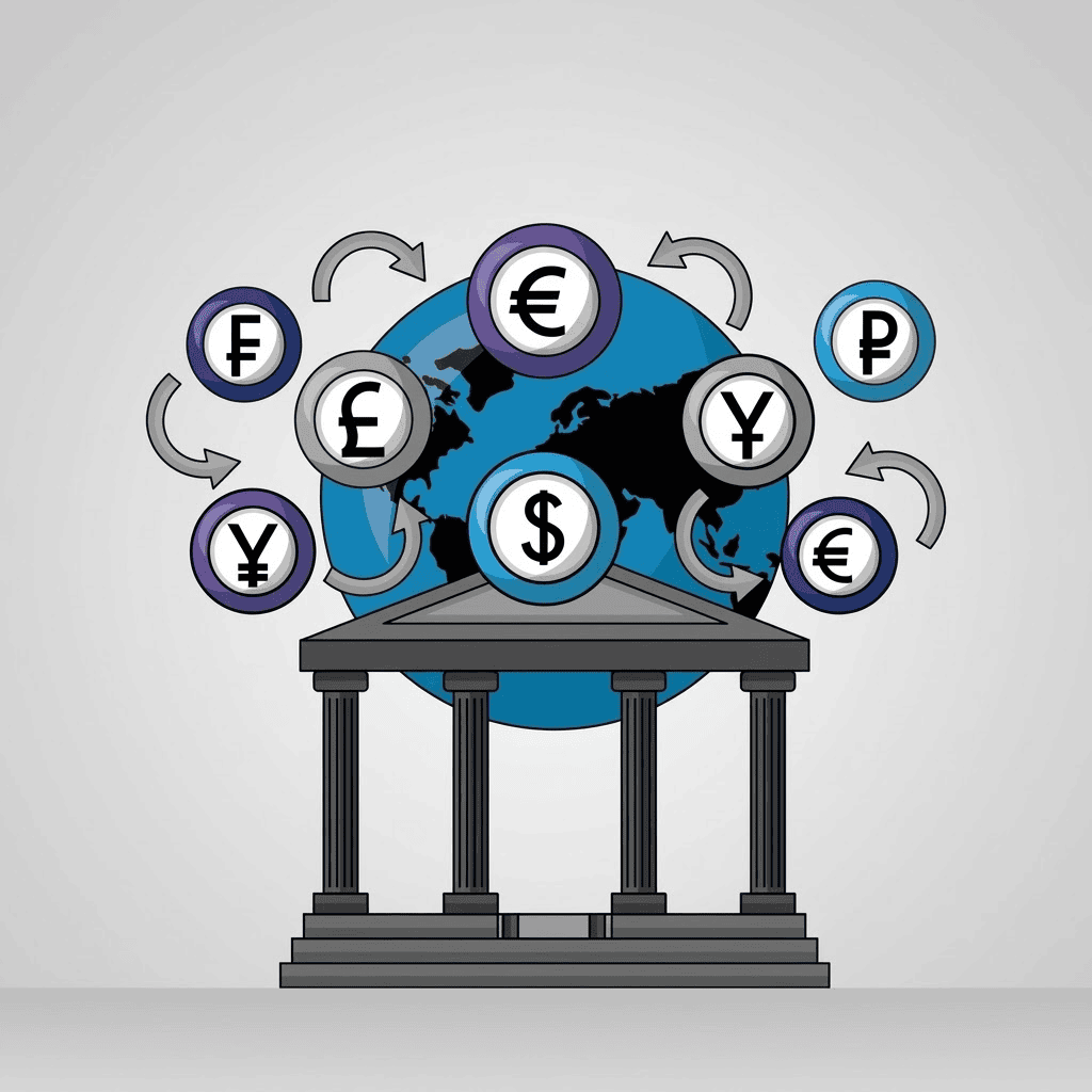 Illustration of a global banking system with a world map, bank building, and multiple currency symbols representing the foreign-currency account options available to NRNs.