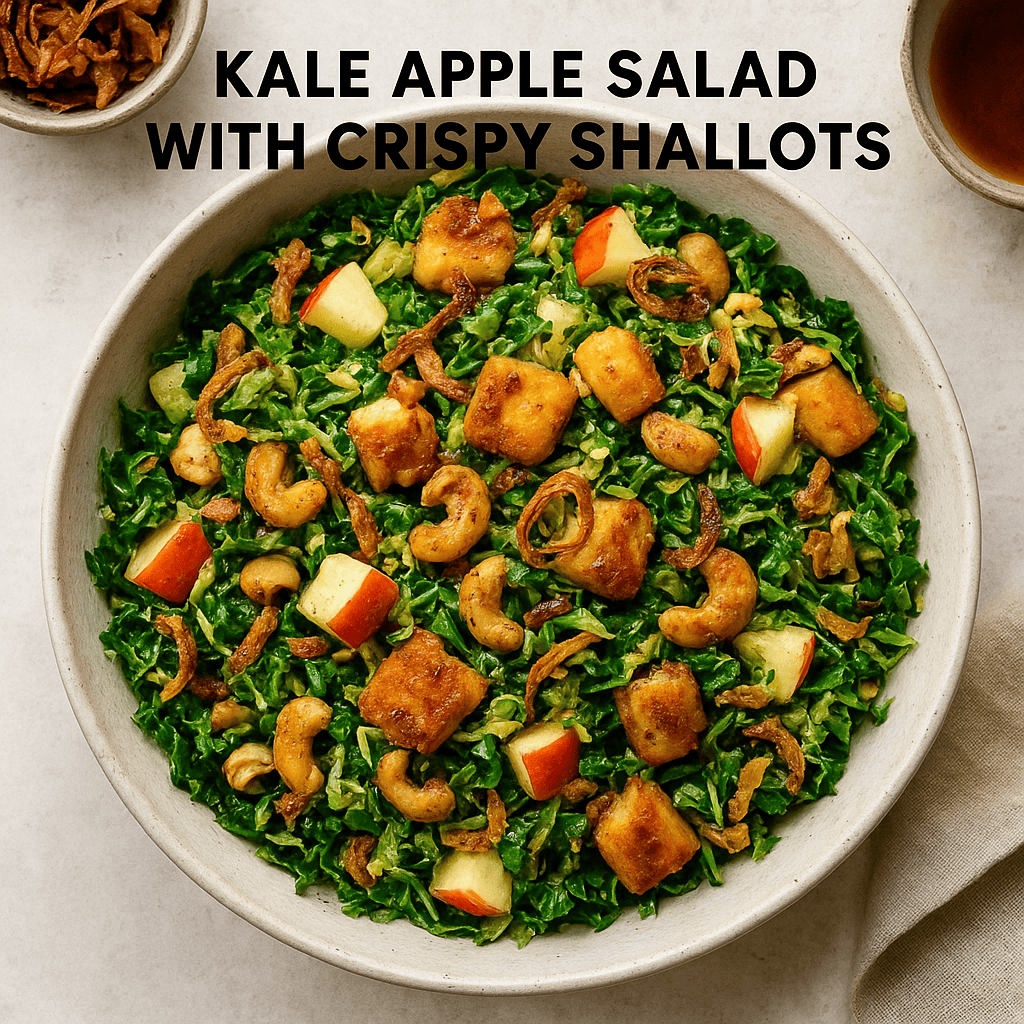 Overhead view of a kale apple salad in a ceramic bowl, topped with crispy shallots, golden fried cheese cubes, roasted cashews, and diced apples, styled on a light background with text overlay reading “Kale Apple Salad with Crispy Shallots."