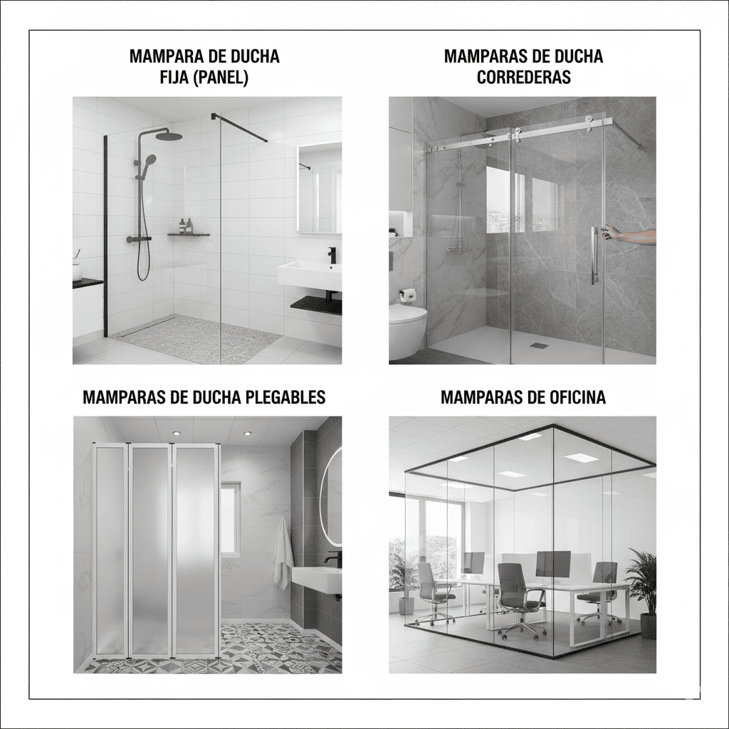 tipos de mamparas fijas, panel, correderas, plegables, de oficina