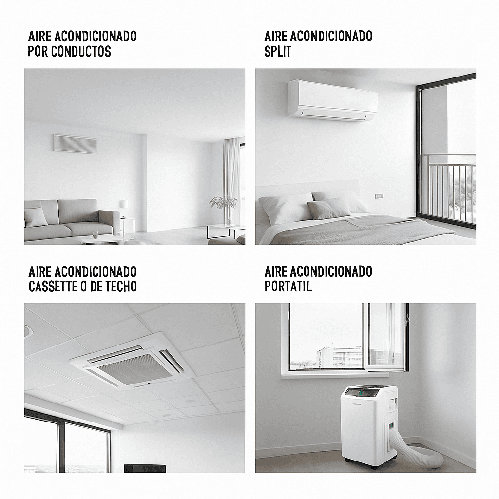 Tipos de aires acondicionados: por conductos, split, cassete o de techo, portátil.