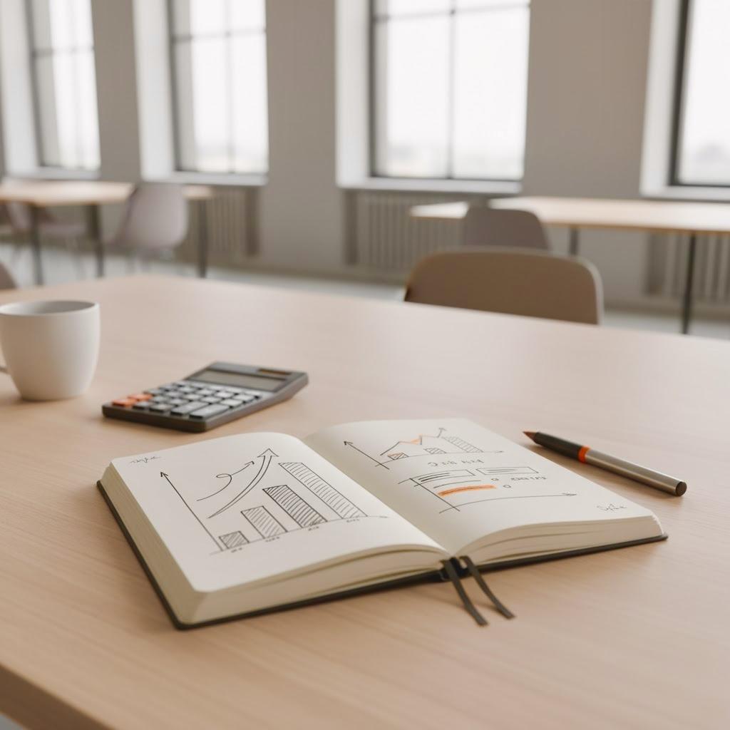 Notizbuch mit Skizzen, Rechner und Stift als Arbeitsmittel für Decision-OS Rechner und Vorlagen