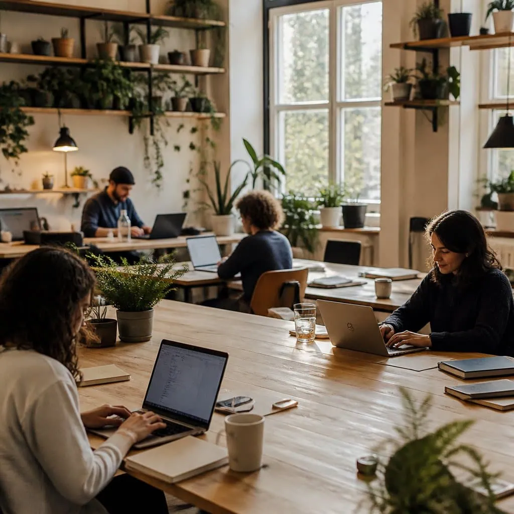 Espace de travail partagé chaleureux avec tables en bois, plantes et indépendants concentrés