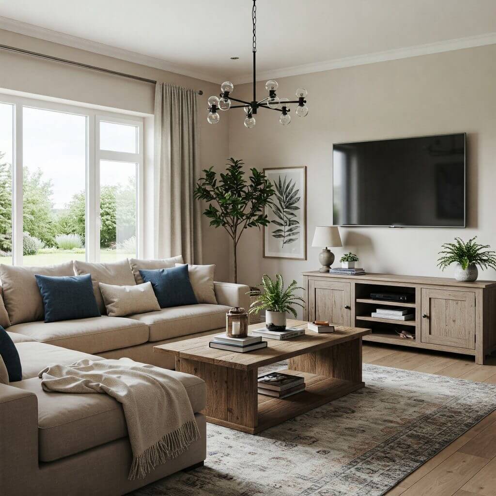 Modern living room with beige furniture and plants