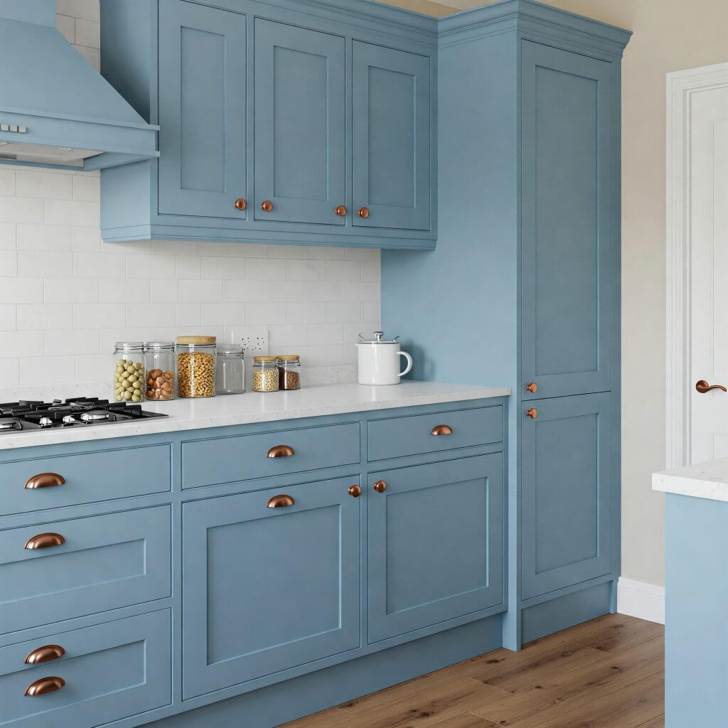 Modern kitchen with blue cabinets and countertops