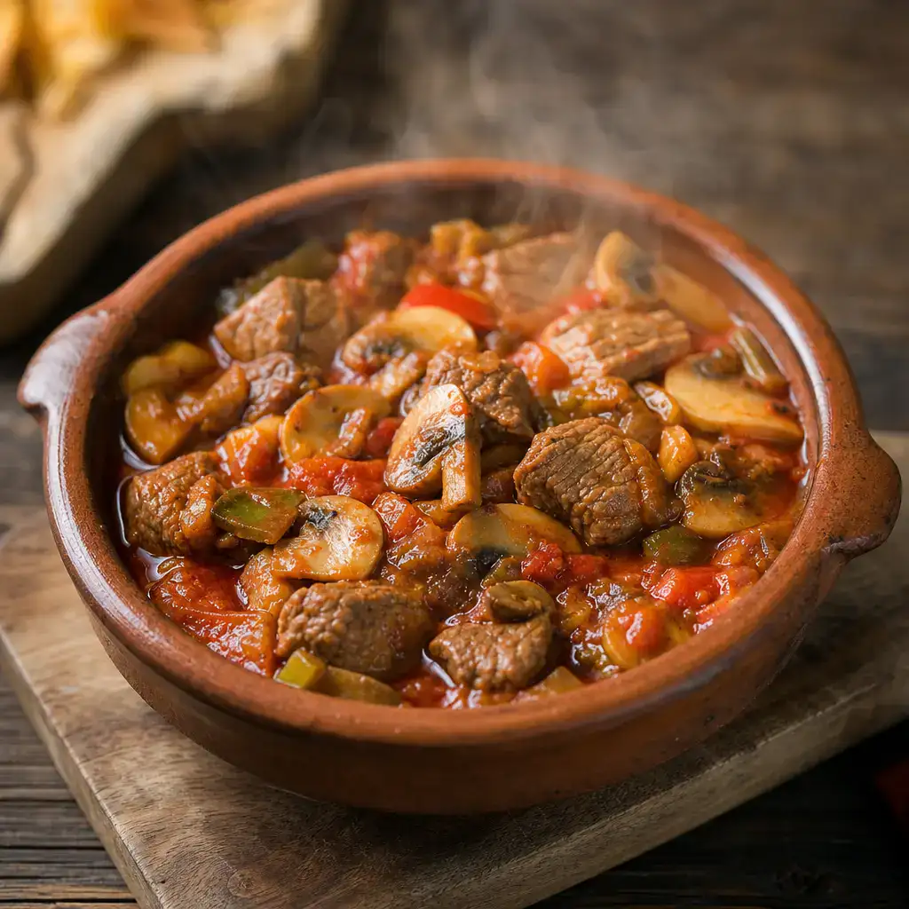 Güveçte servis edilen mantarlı tas kebabı