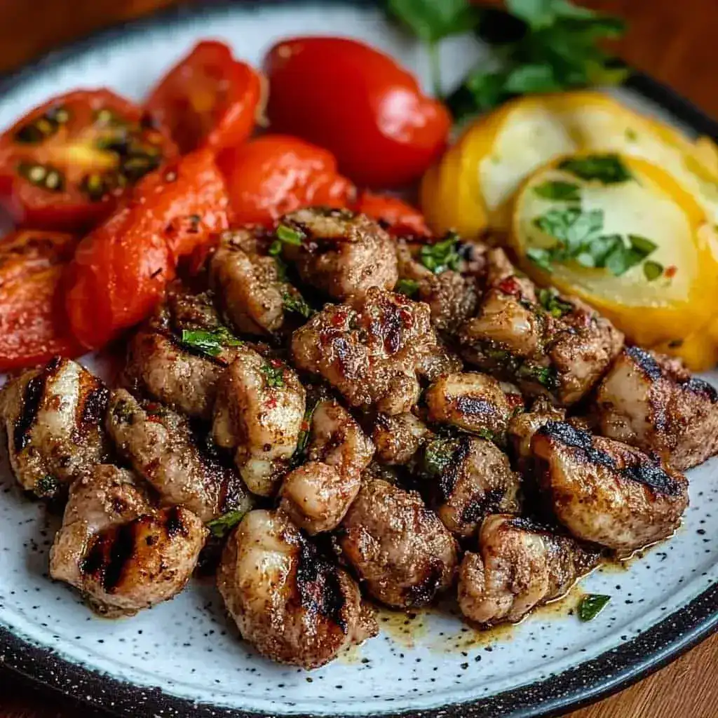 Izgara izli et parçaları, közlenmiş domates ve yeşilliklerle uykuluk sunumu