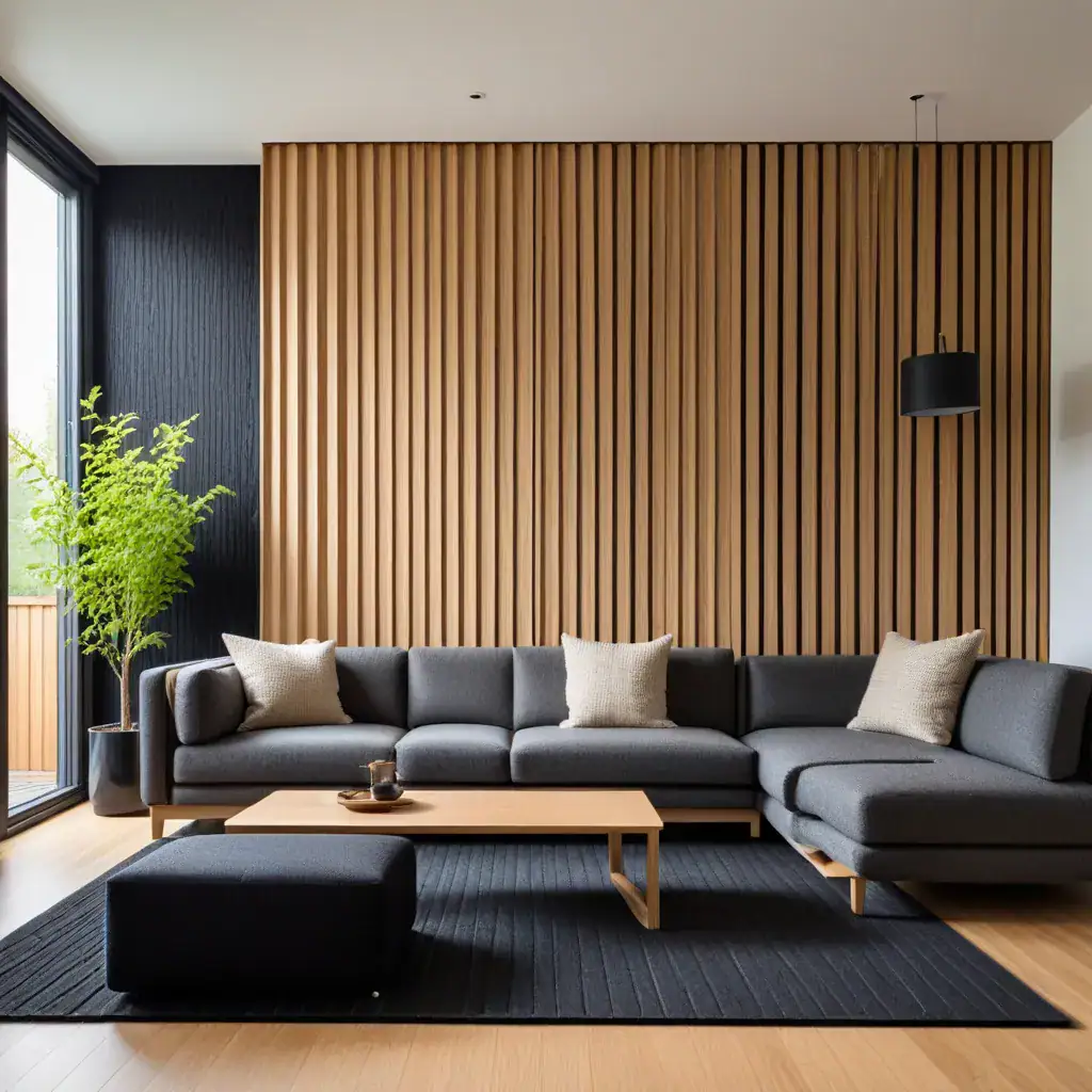 Modernes Wohnzimmer mit Eichen-Akustiklamellen an der Wand, Filz-Akzentwand und Wollteppich