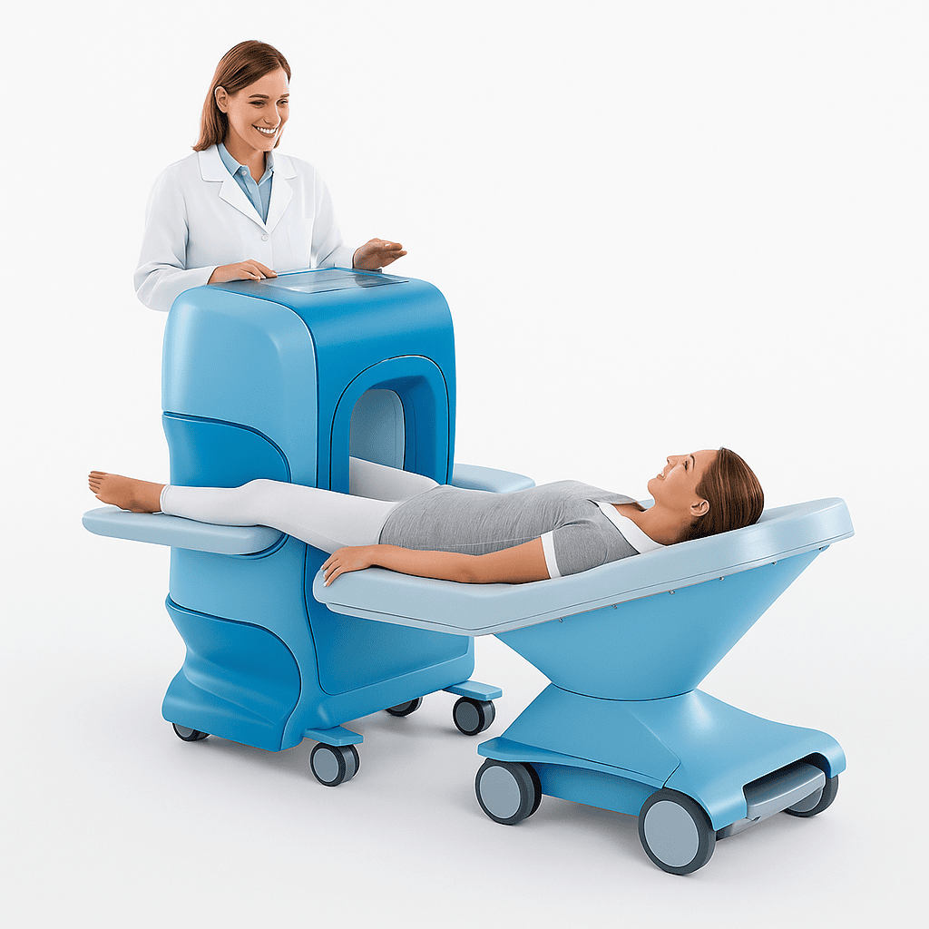 Female patient undergoing a feet-first MRI scan using an open MRI system, assisted by a smiling technician – comfortable option for claustrophobic patients in Dubai.