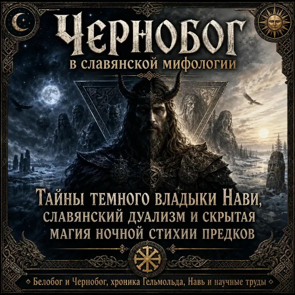 Чернобог — тёмный персонаж славянской мифологии на фоне ночи, луны, зимнего леса и древних идолов