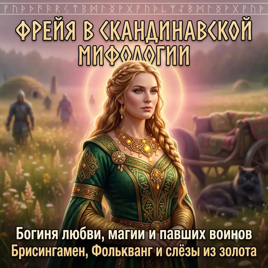 Обложка с Фрейрой, ожерельем Брисингамен и кошкой на фоне текста Фрейя в скандинавской мифологии.