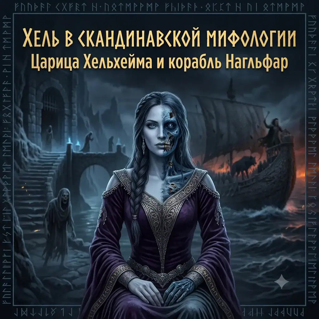 Обложка с королевой Хель, замок и корабль Нагльфар с текстом Хель в скандинавской мифологии.