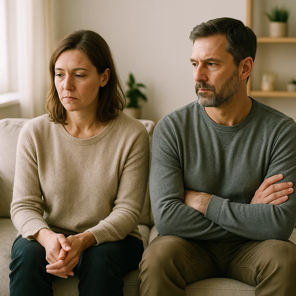 Paartherapie 6 Ein Paar sitzt mit verschlossener Körperhaltung nebeneinander, beide wirken ernst und emotional distanziert. Das Bild stellt eine angespannte Beziehungssituation dar – oft ein Ausgangspunkt in der Paartherapie.