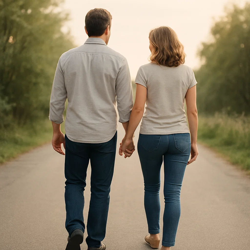 Paartherapie 8 Ein Paar geht Hand in Hand eine ruhige Landstraße entlang, beide sind von hinten zu sehen. Das Bild steht symbolisch für gemeinsame Wege, Neuanfänge und die Bereitschaft, sich als Paar wieder anzunähern.