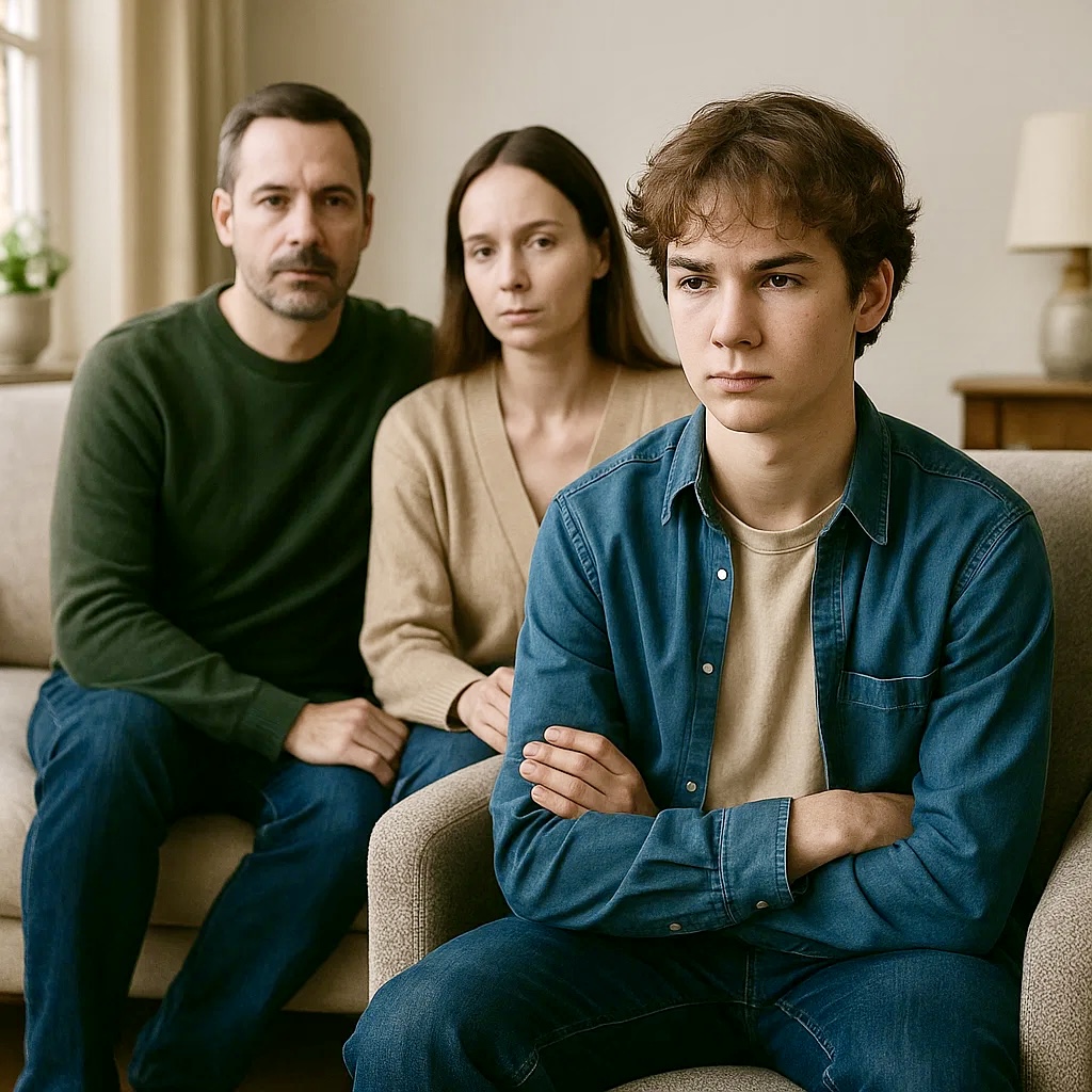 Familienberatung 6 Ein jugendlicher Junge sitzt mit verschränkten Armen im Vordergrund, sichtbar angespannt. Im Hintergrund sitzen seine Eltern mit ernstem Gesichtsausdruck. Das Bild zeigt eine konflikthafte Familiensituation – ein häufiger Ausgangspunkt in der systemischen Familienberatung.