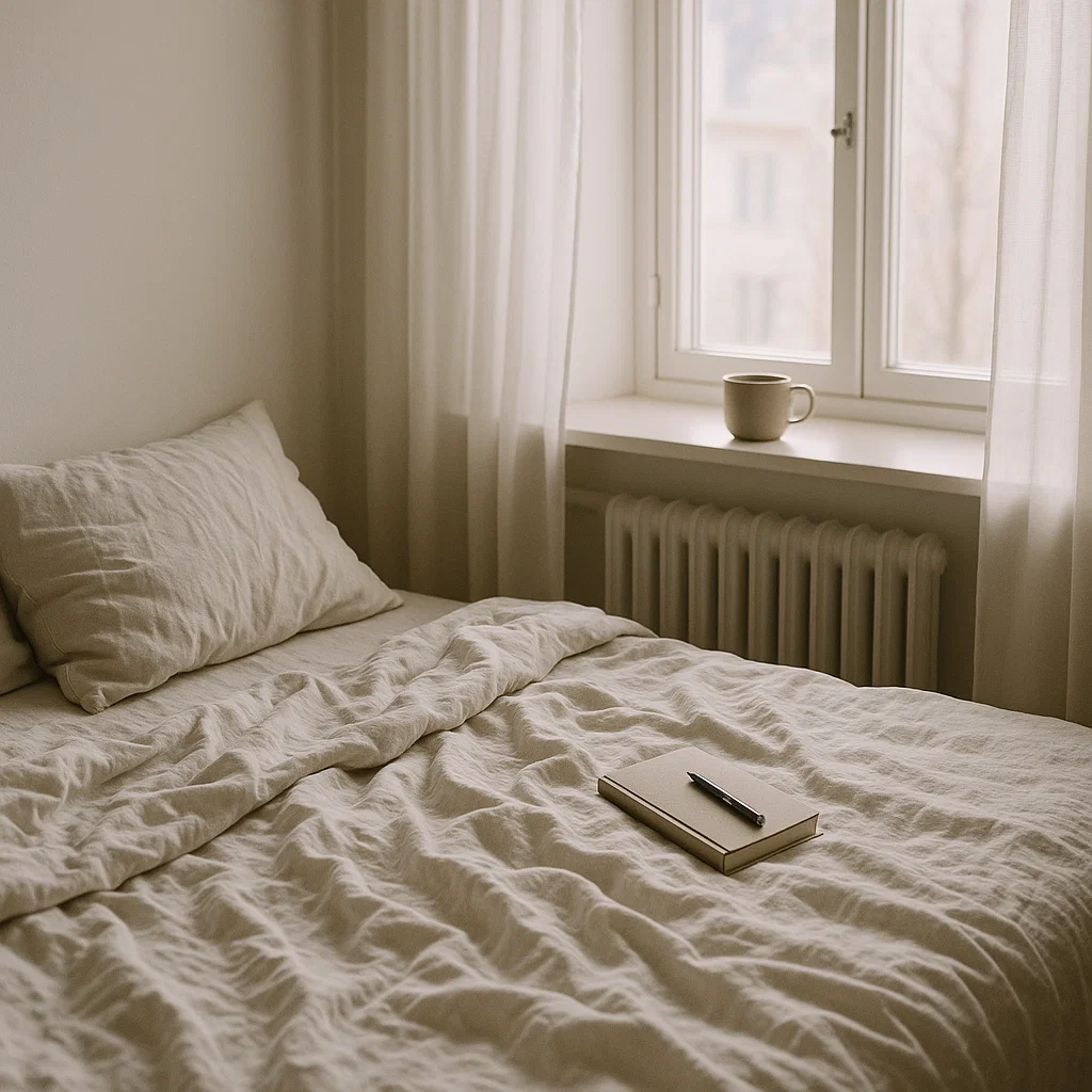 Ratgeber Trennung und Neuanfang 23 Unordentliches Bett mit Tagebuch und Teetasse am Fenster – symbolisiert den Prozess der Trauerbewältigung nach einer Trennung, Rückzug, Reflexion und kleine Rituale der Selbstfürsorge im Alltag.