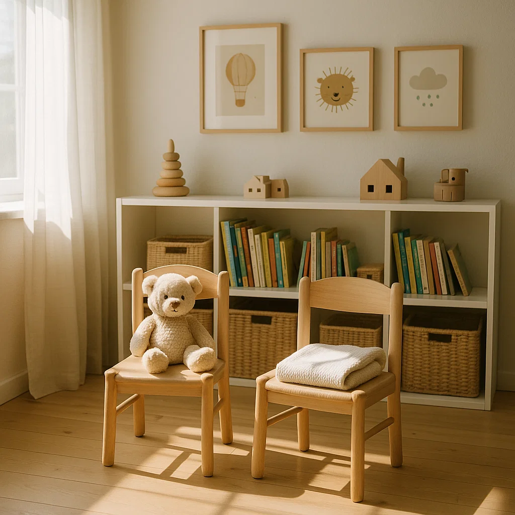 Ratgeber Trennung und Neuanfang 24 Zwei Kinderstühle mit Kuscheltier und Decke – symbolisieren einfühlsame Gespräche mit Kindern über die Trennung, kindgerechte Nähe, Sicherheit und Offenheit ohne Überforderung.