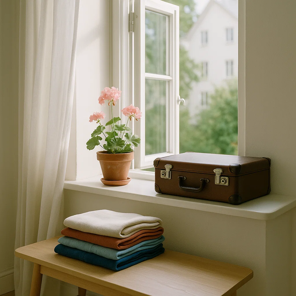 Ratgeber Trennung und Neuanfang 26 Blühende Pflanze und geschlossene Reisetasche am Fenster – symbolisieren die innere Vorbereitung auf einen Neuanfang, Klarheit, Aufbruchsstimmung und die liebevolle Neuausrichtung nach einer Trennung.