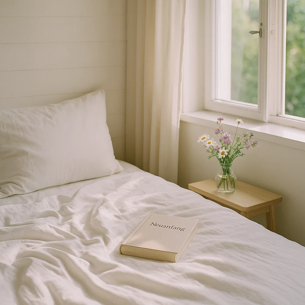 Ratgeber Trennung und Neuanfang 31 Frisch bezogenes Bett mit Blumen und Buch „Neuanfang“ – symbolisiert den inneren Moment, in dem Selbstfürsorge, emotionale Klarheit und neue Offenheit zeigen: Jetzt darf etwas Neues entstehen – in Ruhe, ohne Eile.
