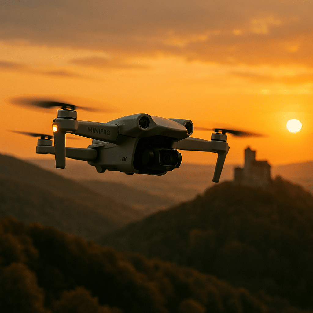 Obraz przedstawiajacy drona dji mini pro 4k lecacego nad wzgorzami pokrytymi lasem, gdzie na jednym z nich widać zamek. Klimat filmowy przy zachodzącym słońcu.