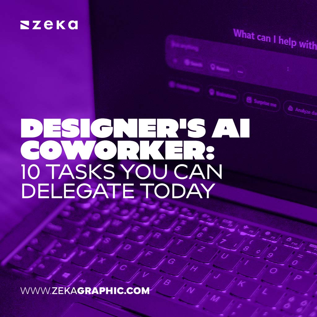 Purple-tinted vertical image of a laptop keyboard and screen displaying an AI chatbot interface, with bold white text reading Designer's AI Coworker: 10 Tasks You Can Delegate Today.
