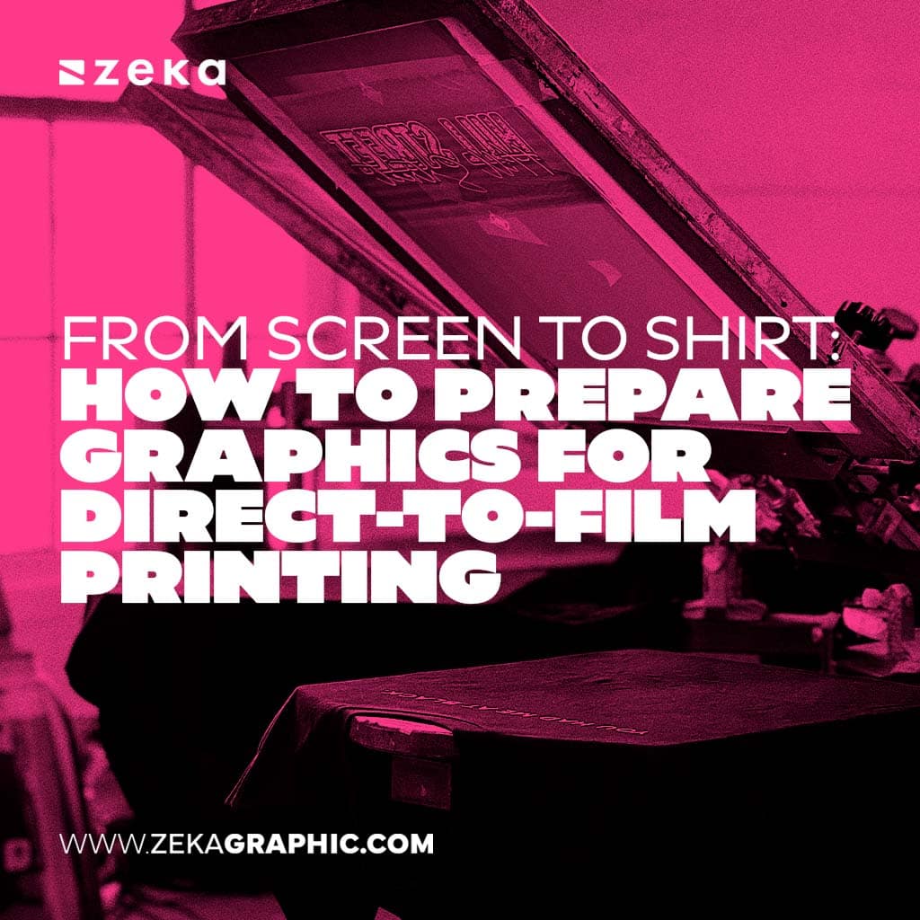 Hot pink duotone image of an industrial screen printing machine, with bold white text reading From Screen to Shirt: How to Prepare Graphics for Direct-to-Film Printing.