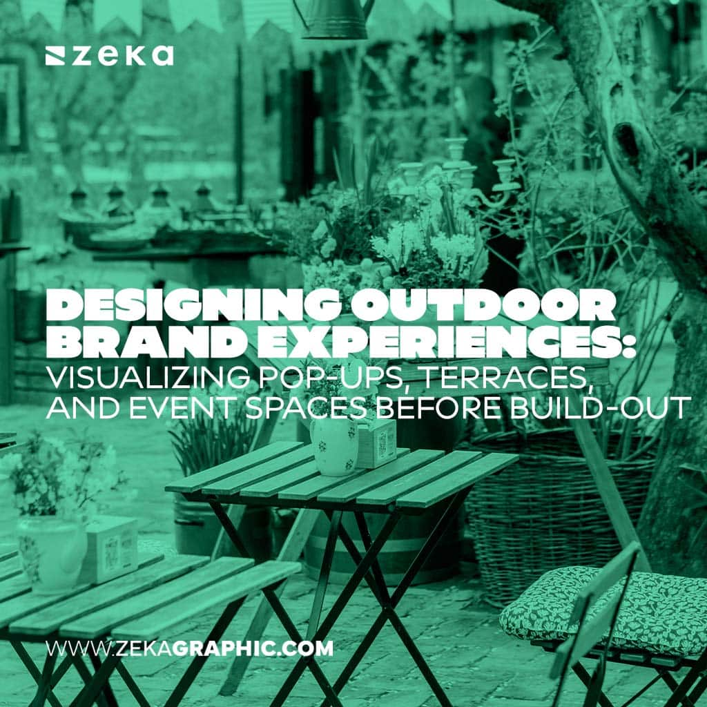 Square green-tinted photo of an outdoor patio with wooden tables and potted plants, with bold text reading "Designing Outdoor Brand Experiences: Visualizing Pop-Ups, Terraces, and Event Spaces Before Build-Out".