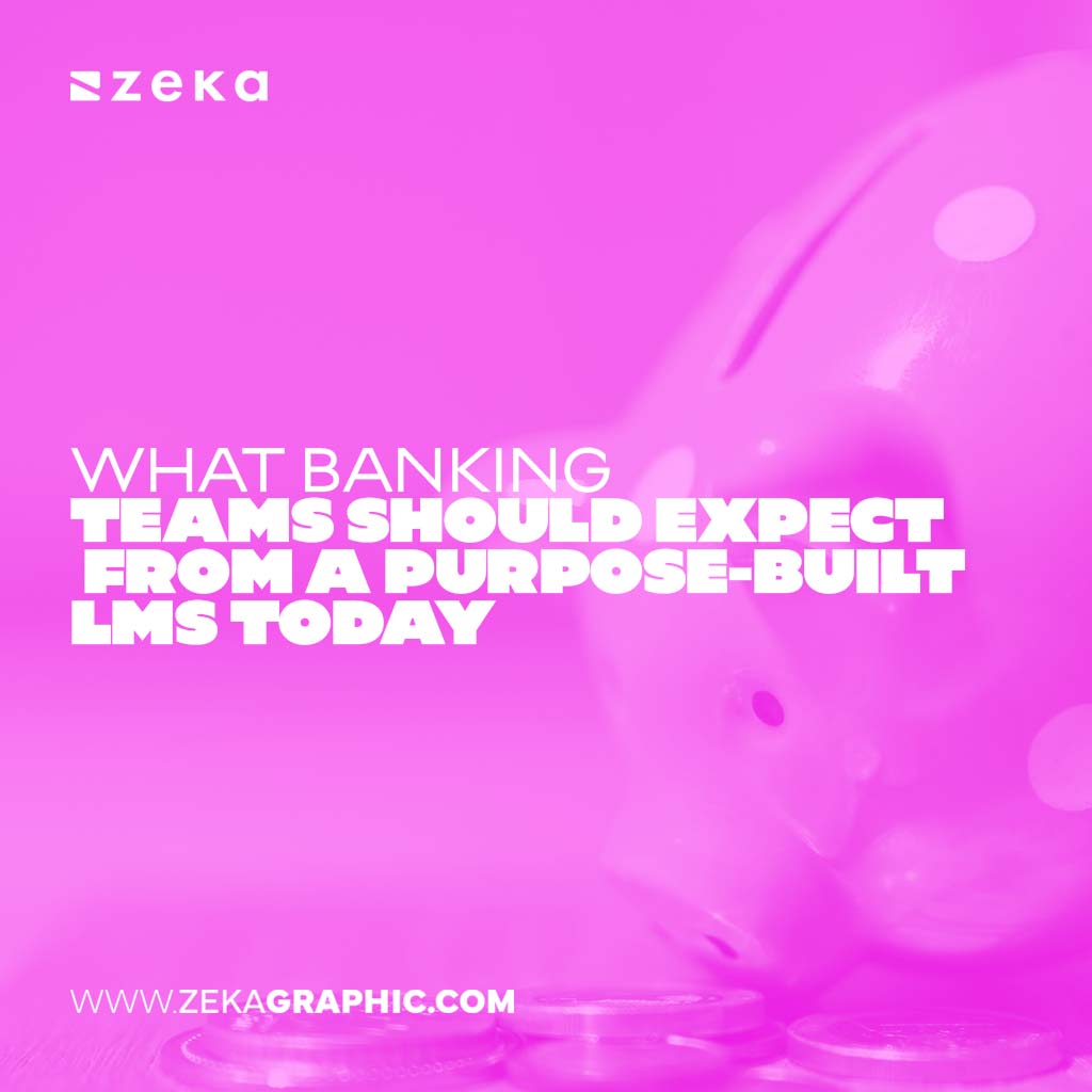 Square pink-tinted photo of a glass object or lens with bold text reading "What Banking Teams Should Expect From a Purpose-Built LMS Today".