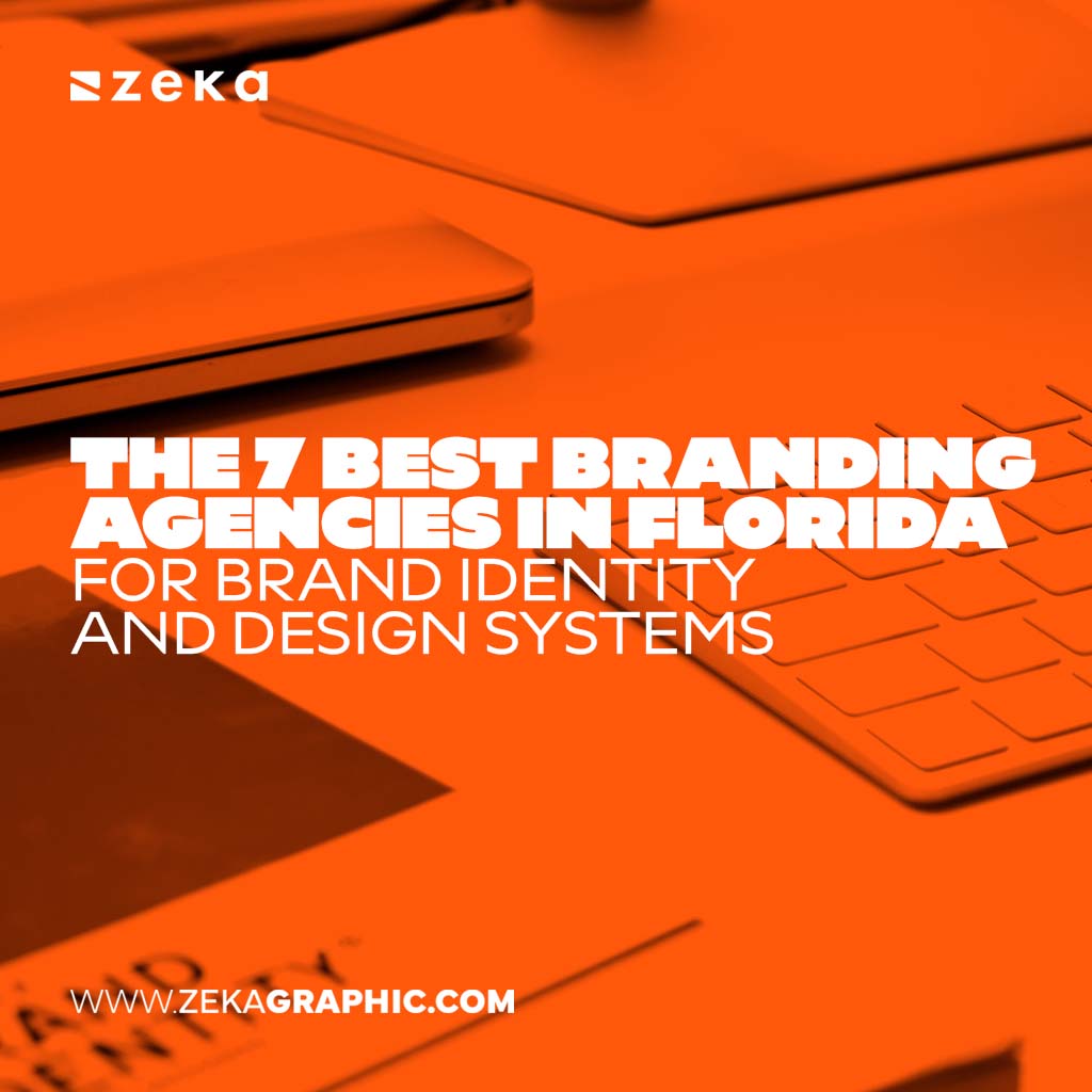 Square orange-tinted photo of a laptop keyboard with bold text reading "The 7 Best Branding Agencies in Florida for Brand Identity and Design Systems".