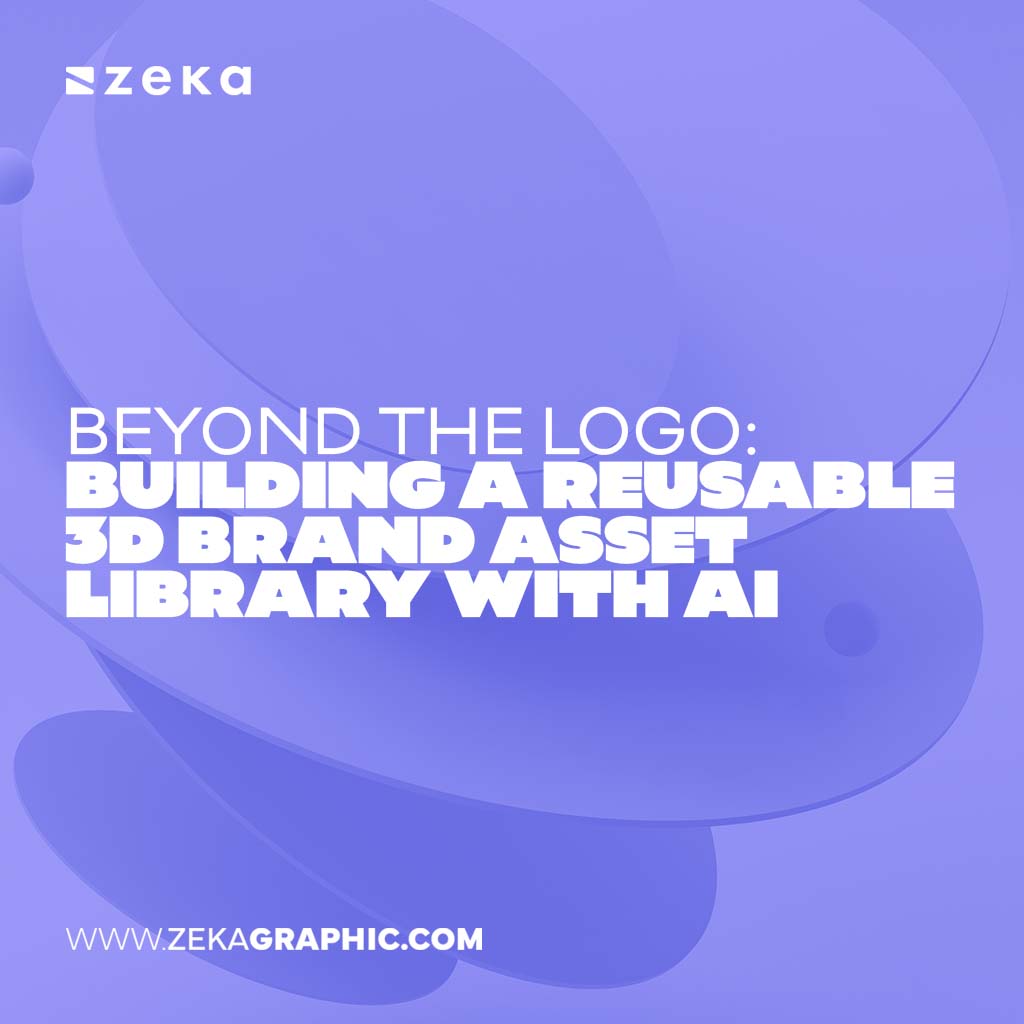 Square abstract purple and blue graphic with smooth curved shapes and bold text reading "Beyond the Logo: Building a Reusable 3D Brand Asset Library with AI".
