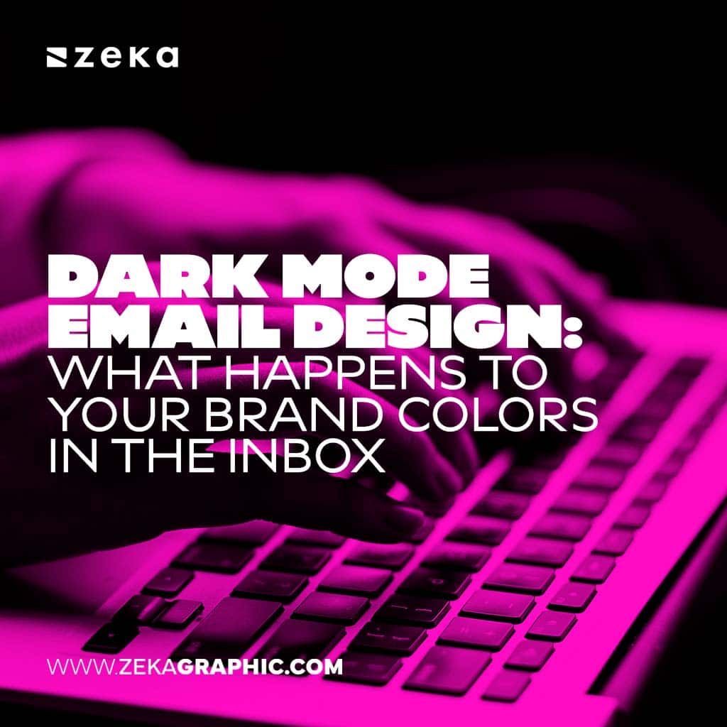 Square magenta-tinted photo of hands typing on a laptop keyboard in the dark, with bold text reading "Dark Mode Email Design: What Happens to Your Brand Colors in the Inbox".