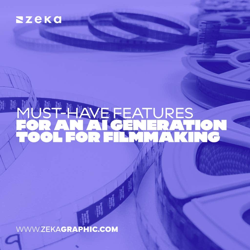 Square purple-tinted photo of vintage film reels with bold text reading "Must-Have Features for an AI Generation Tool for Filmmaking".