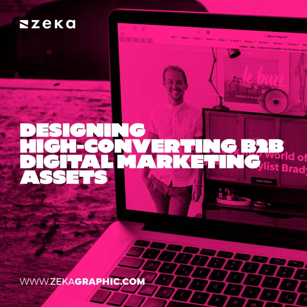 Square magenta-tinted photo of a laptop displaying a website with a photo of a man, and bold text reading "Designing High-Converting B2B Digital Marketing Assets".