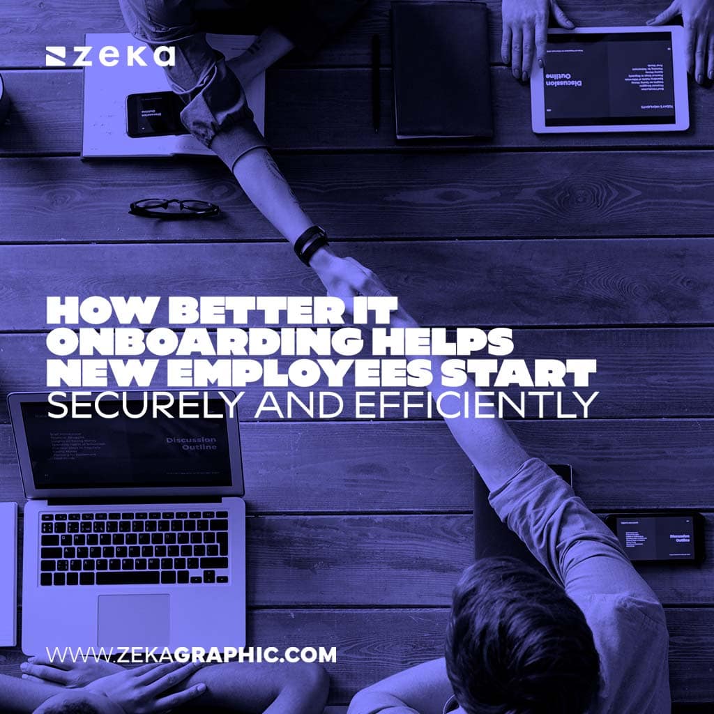 Square blue-tinted overhead photo of people collaborating at a wooden table with laptops and tablets, with bold text reading "How Better IT Onboarding Helps New Employees Start Securely and Efficiently".
