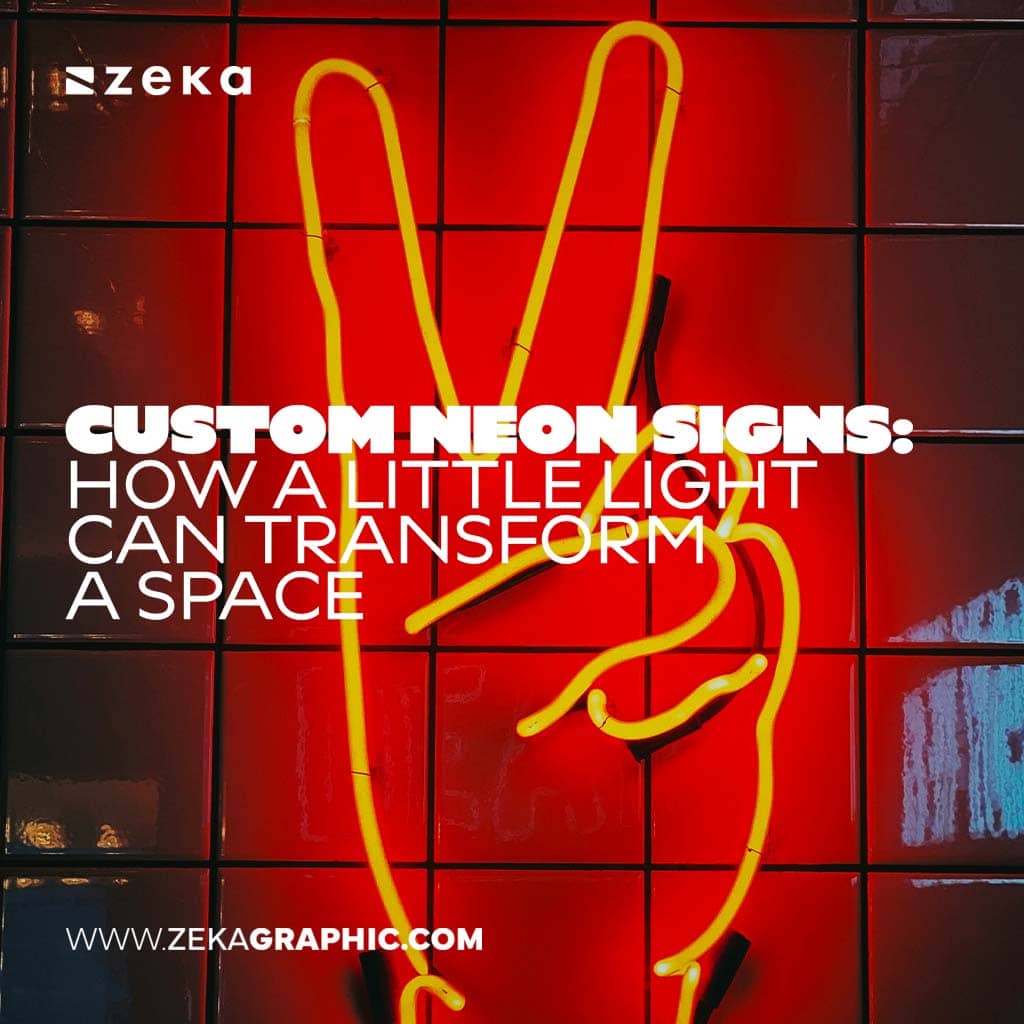 Bright yellow neon sign shaped like a rabbit on a red tiled wall, with bold text reading "Custom Neon Signs: How a Little Light Can Transform a Space".