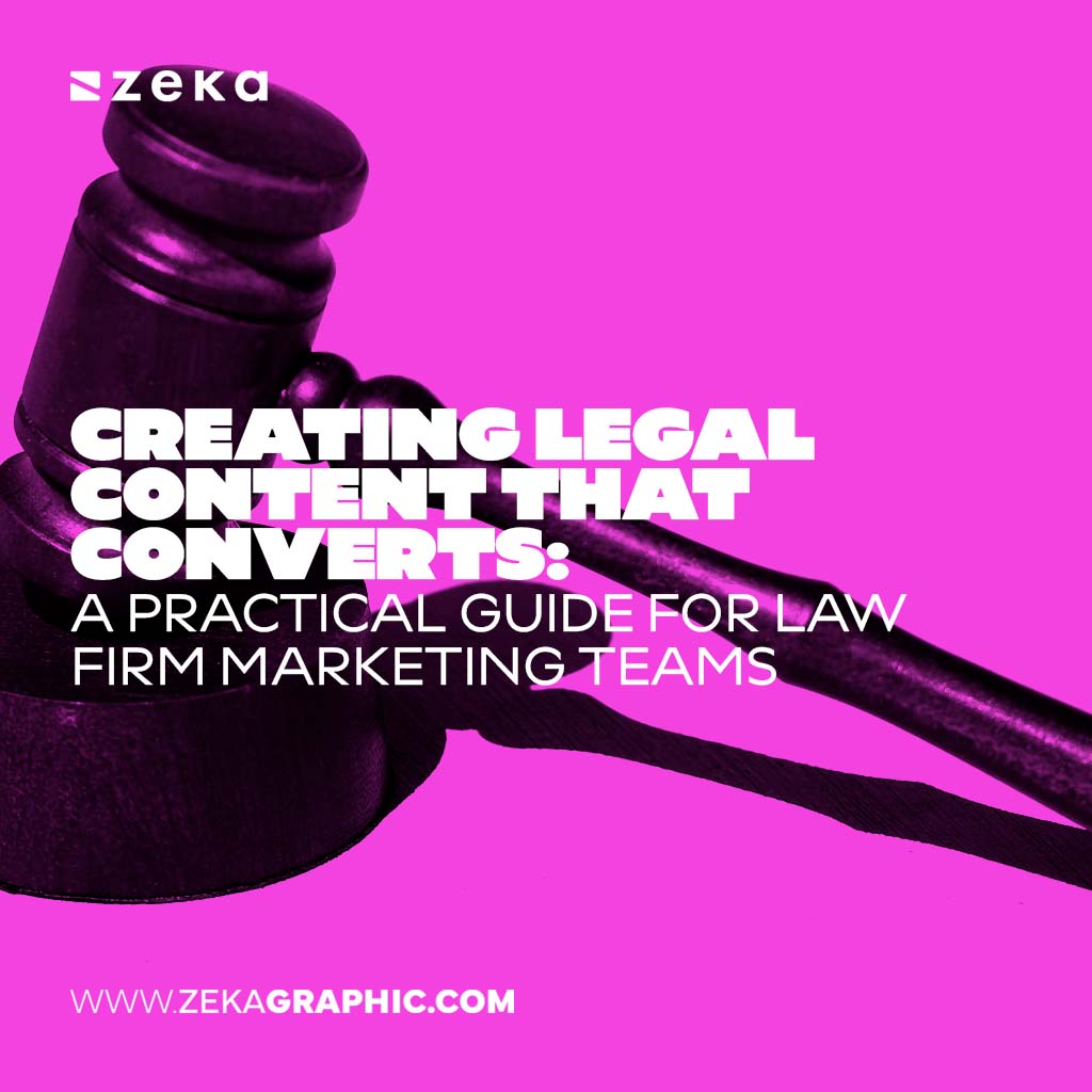 Square magenta-tinted photo of a judge's gavel with bold text reading "Creating Legal Content That Converts: A Practical Guide for Law Firm Marketing Teams".
