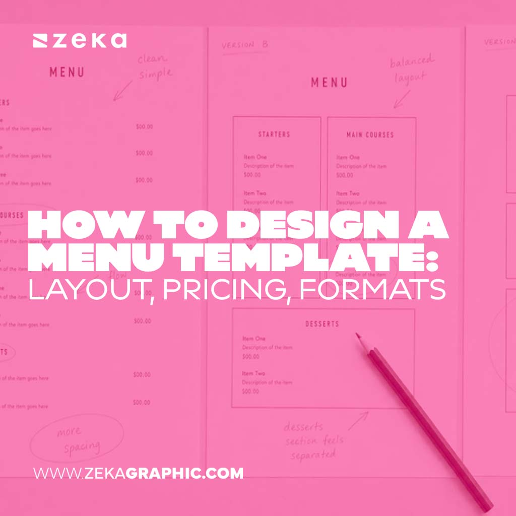 Square pink-tinted graphic showing a menu layout design with sections for starters, main courses, and desserts, and bold text reading "How to Design a Menu Template: Layout, Pricing, Formats".