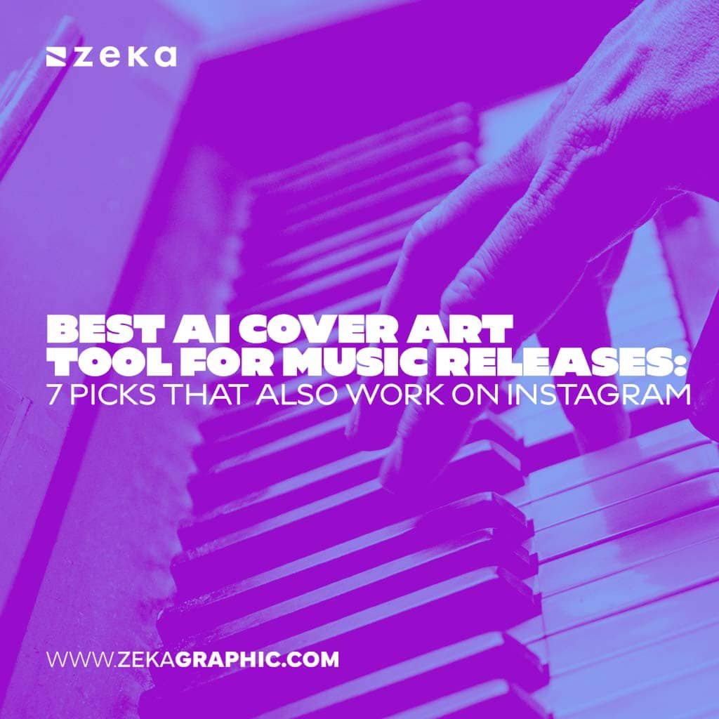Square purple-tinted photo of a person playing a piano keyboard, with bold text reading "Best AI Cover Art Tool for Music Releases: 7 Picks That Also Work on Instagram".