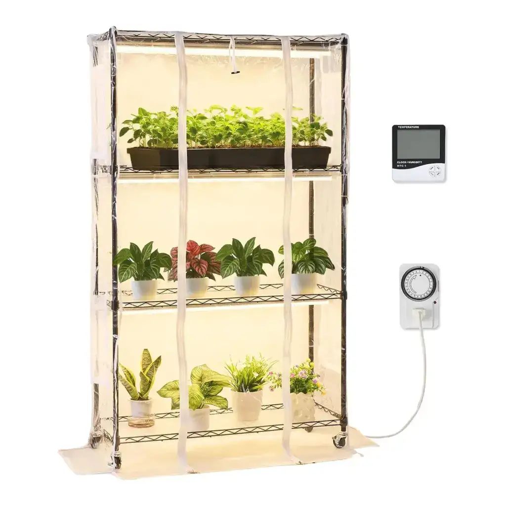 VEVOR four-tier indoor greenhouse with lights and clear cover.