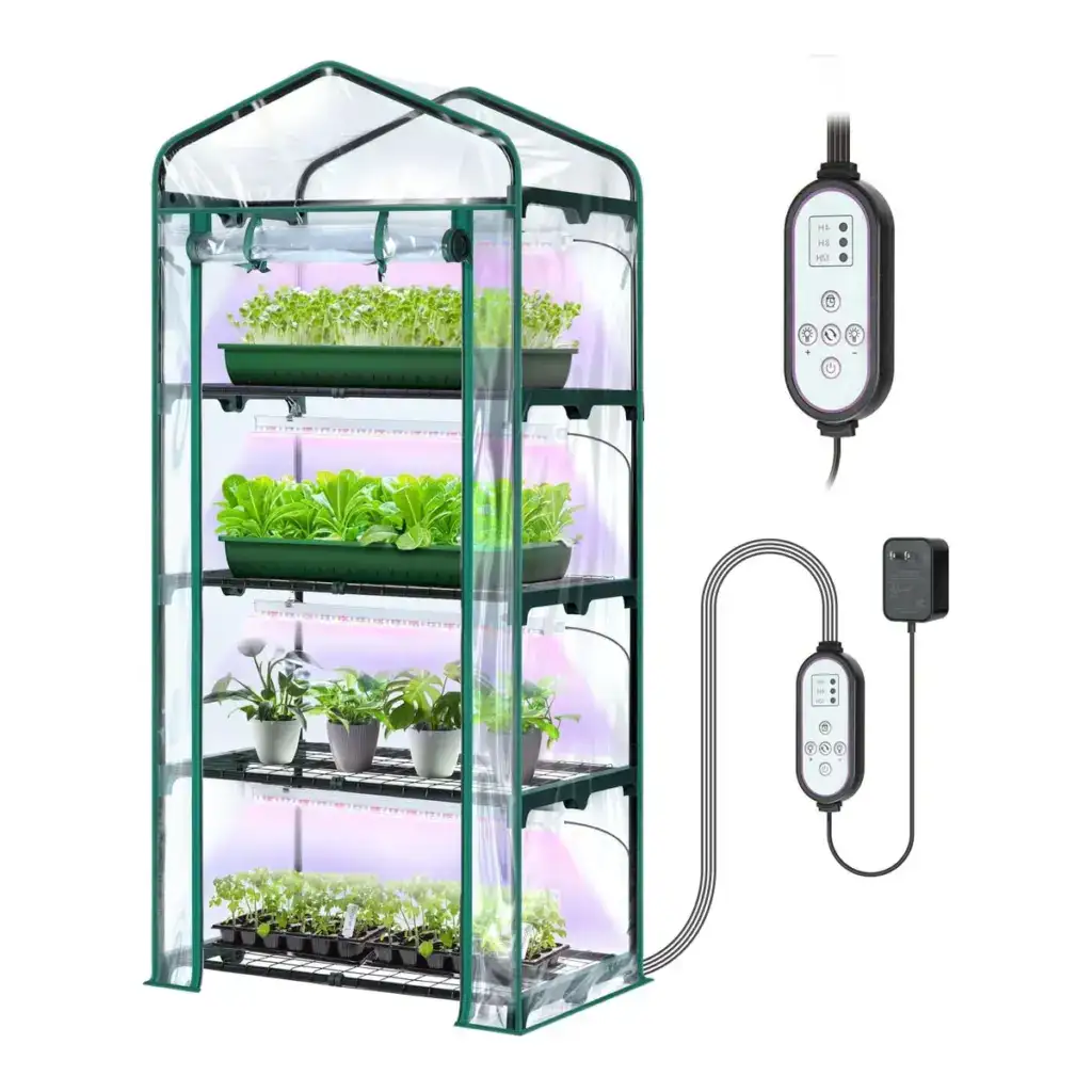 Ohuhu four-tier indoor greenhouse with grow lights.