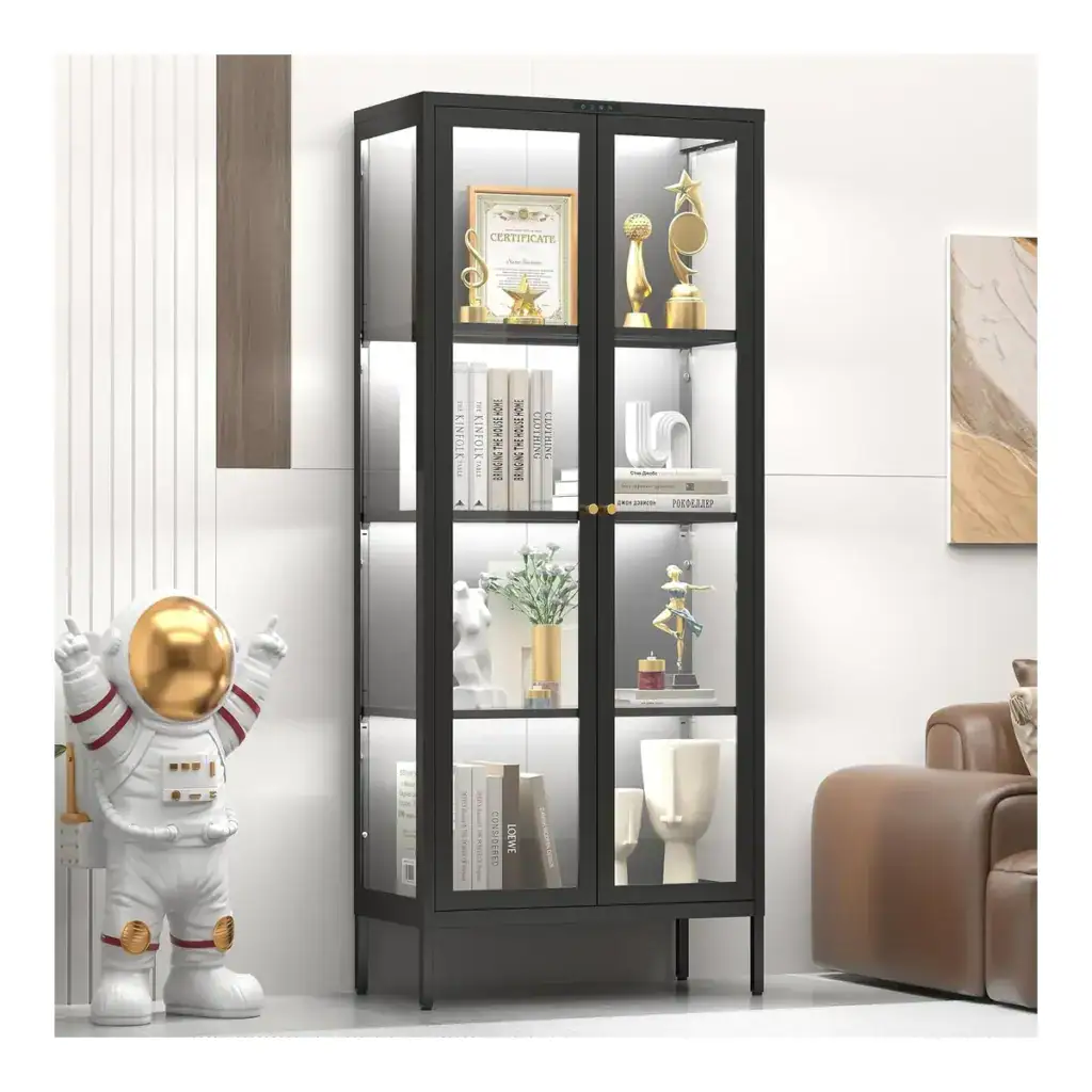 UNICOLY glass display cabinet shown with decorative objects.