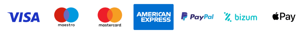 Métodos de pago aceptados: Visa, Maestro, Mastercard, American Express, PayPal, Bizum y Apple Pay