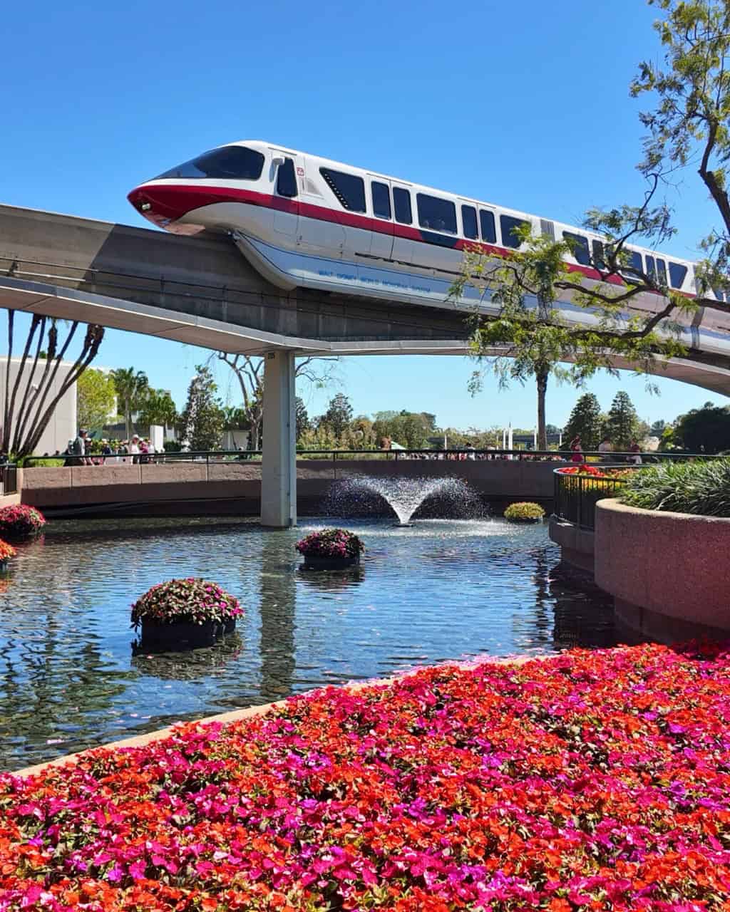 Futuristic monorail train traveling above a water feature surrounded by vibrant flowers at Disneyland.