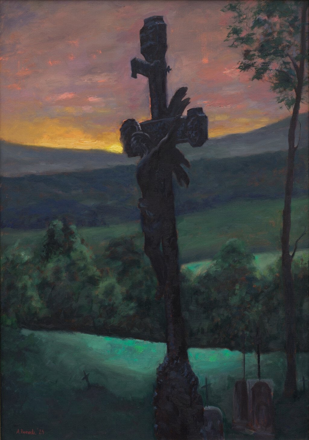 The Old Cross oil painting by Andrea Bocedi inspired by a grave cross in Michniowiec, Bieszczady