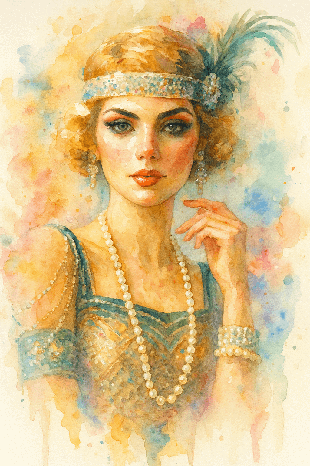 Detailní pohled na vintage flapper šperky s perlovým náhrdelníkem a ozdobnou čelenkou, ideální pro stylové stylingové tipy a inspiraci k období 20. let.