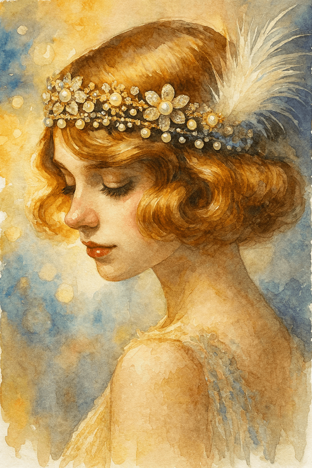 Elegantní dámská hlava s vintage flapper šperky a peřím, ideální pro stylové období 20. let.