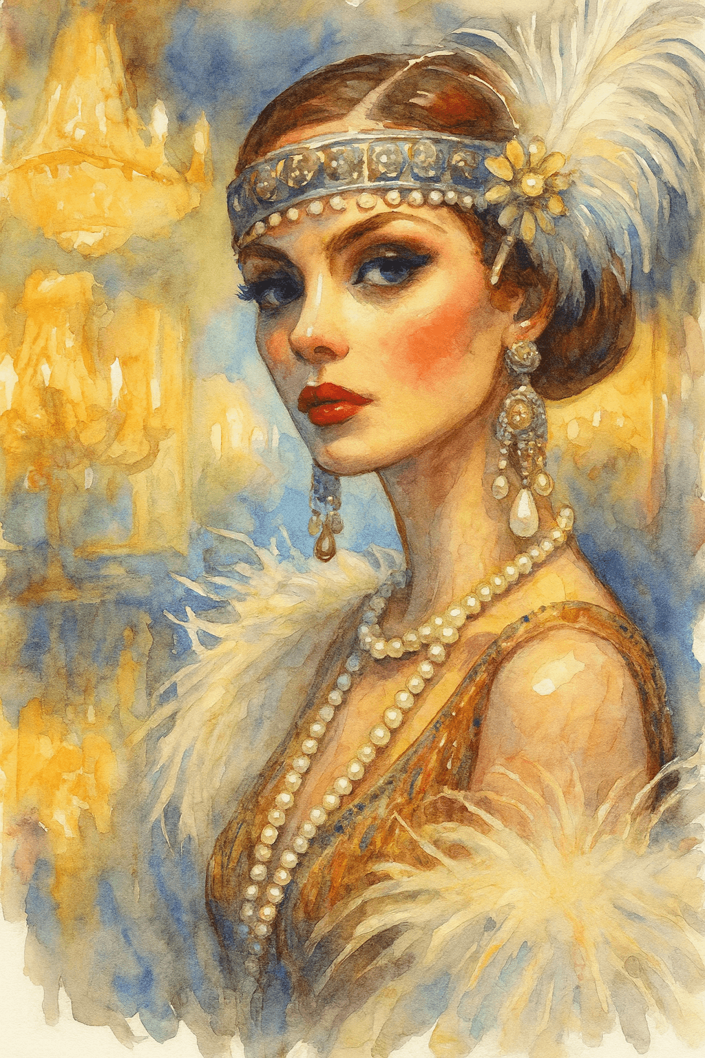Akvarelový portrét flapper ženy s perlami, čelenkou a peřím v opulentním stylu 20. let.