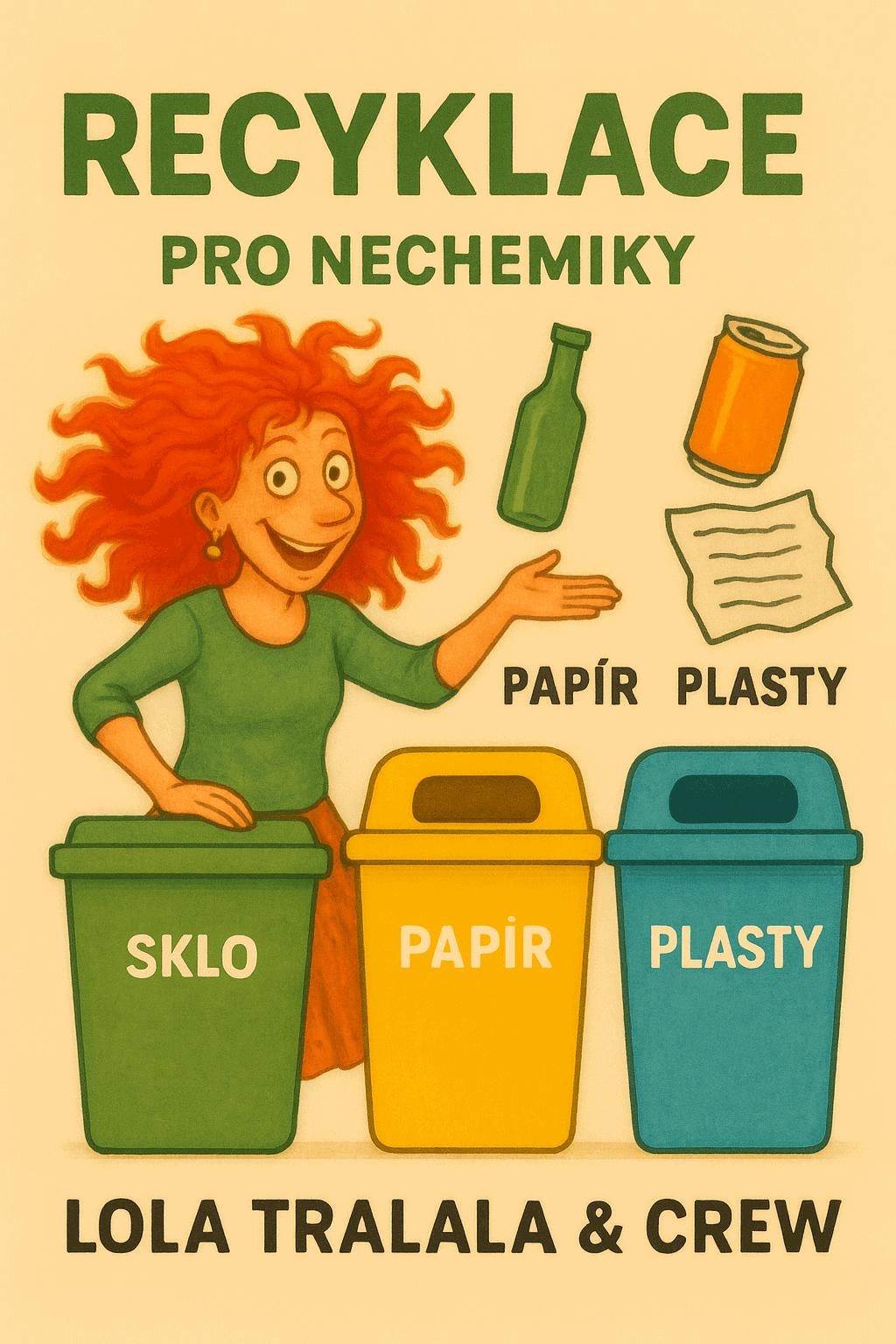 Ilustrace recyklace pro ekologii, ukazuje třídění odpadu s kontejnery na sklo, papír a plasty, doplněná o postavu s korálky, zdůrazňuje udržitelný přístup v tvorbě šperků.