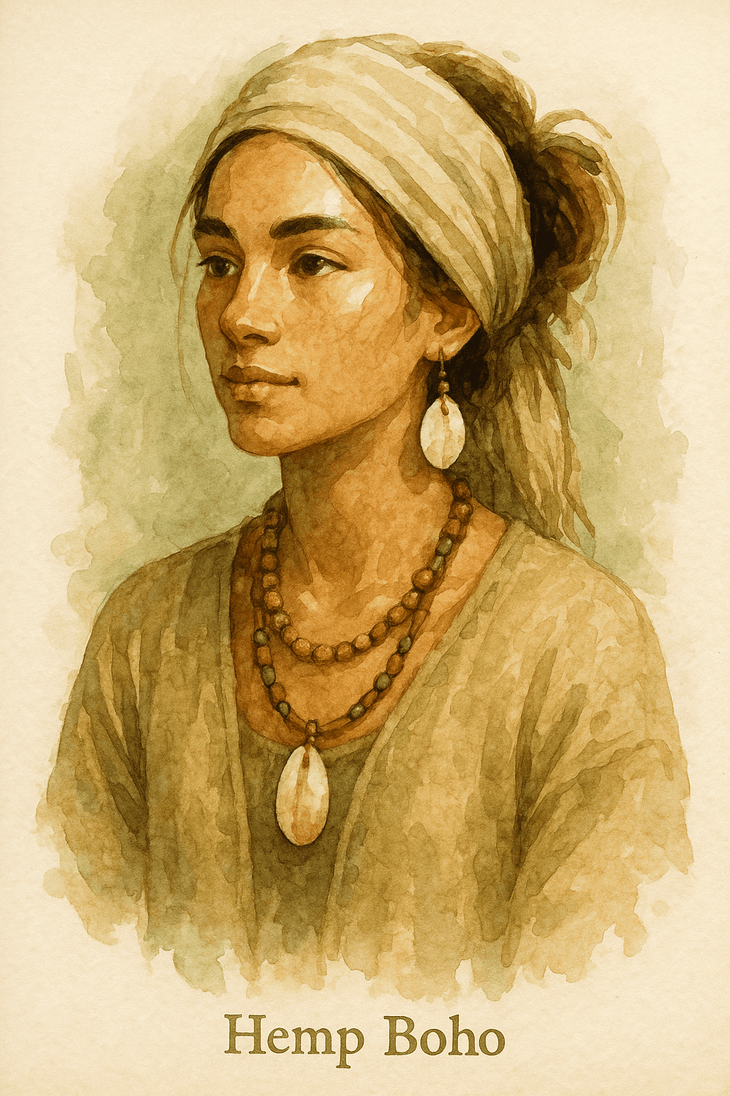 Žena v bohémském stylu s náhrdelníky a náušnicemi, inspirovaná hippie a etno módou, s přírodními tóny a volným vzhledem.