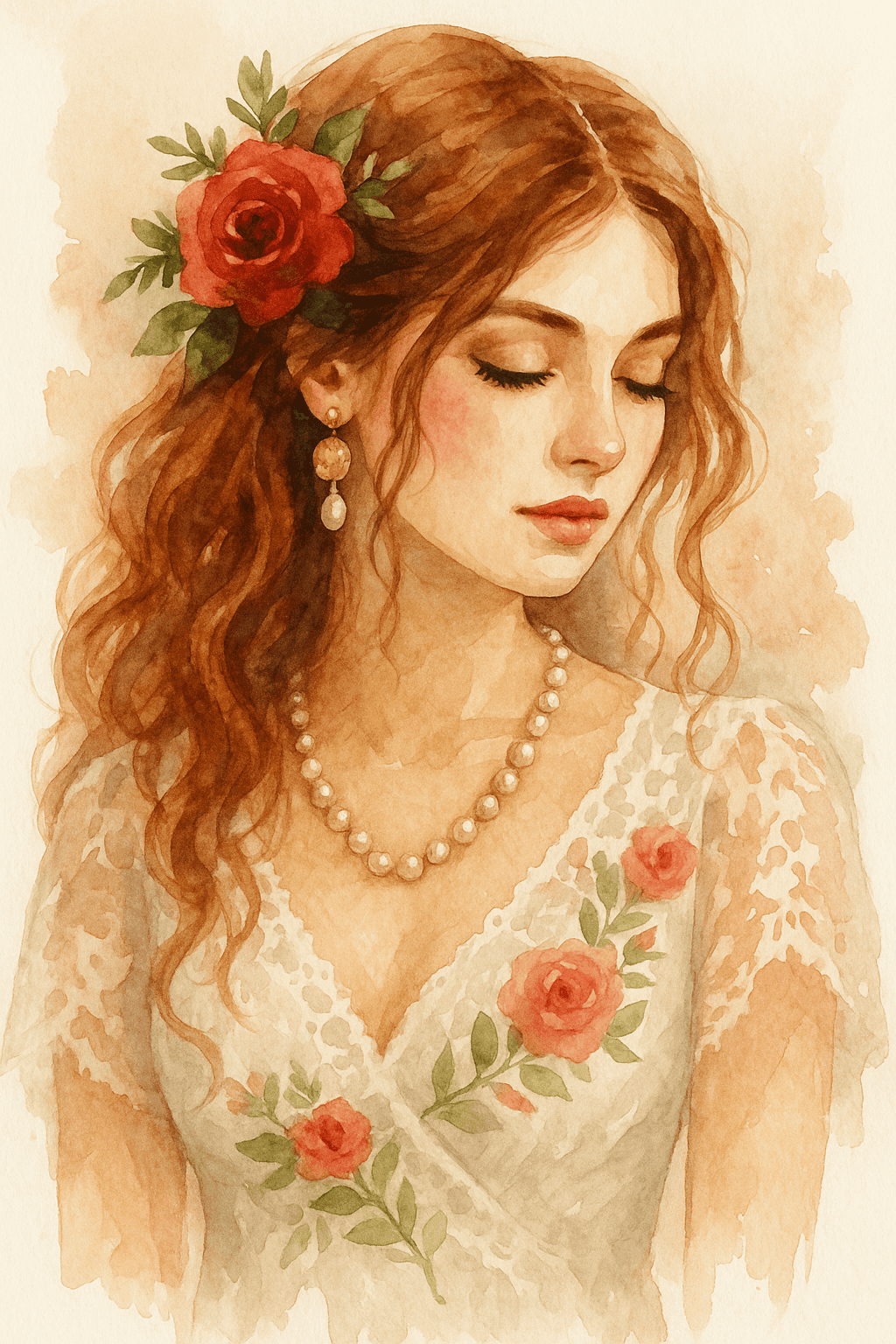 Žena s bohémským stylem, květinovým doplňkem ve vlasech a šperky, v romantickém oblečení s květinovým vzorem, zachycená v uměleckém watercolor stylu.
