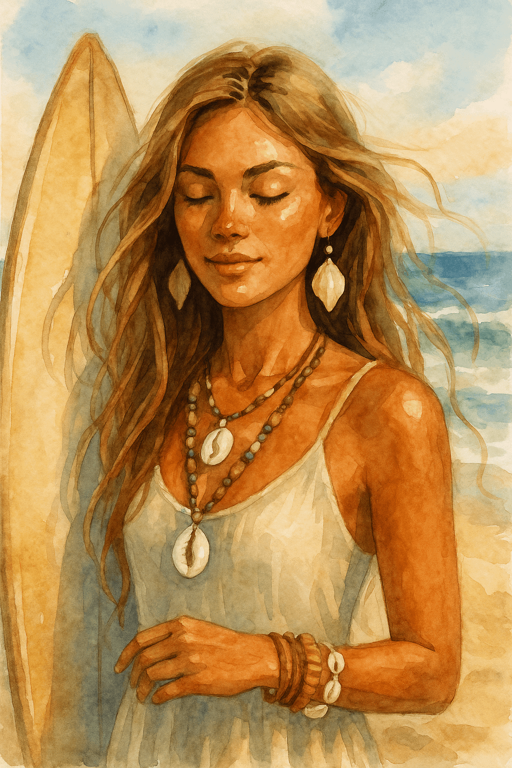 Žena s bohémským šperkem a náhrdelníky na pláži s surfovou deskou, zachycená v uměleckém watercolor stylu.